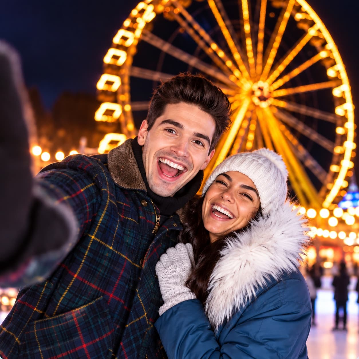 Couple laughing at a nighttime fair with a Ferris wheel behind them