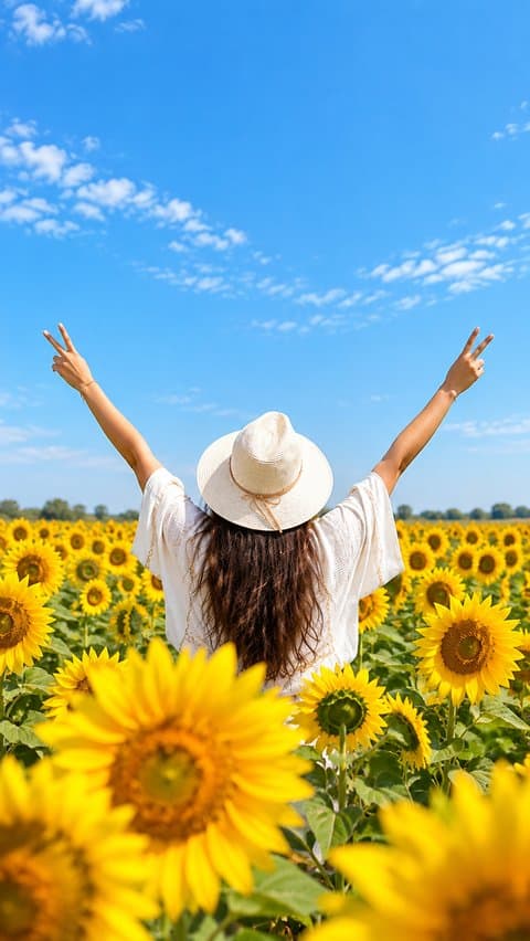Woman with raised arms in a sunflower field