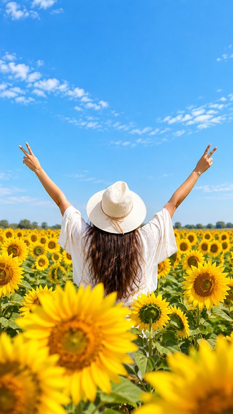 Woman with raised arms in a sunflower field